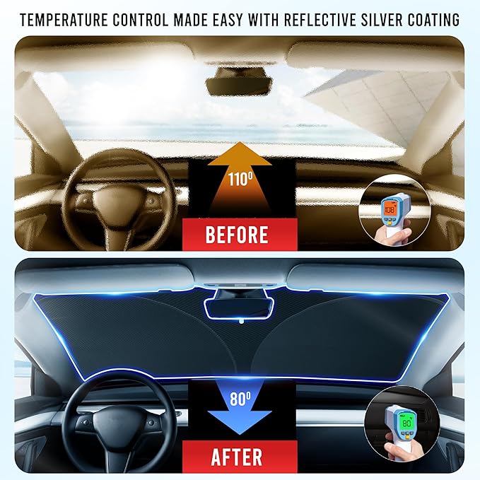 EcoNour Windshield Sun Shade Compatible for Tesla Model 3 & Model Y 2017–2026 | Custom Fit EV Front Window Sunshade | Foldable Heat & UV Reflective Sun Visor