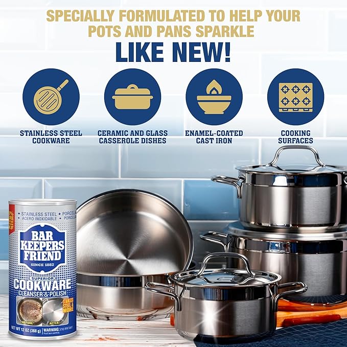 Bar Keepers Friend Cookware Cleanser & Polish (2 x 12 oz) Stainless Steel Cleaner & Degreaser for Pots, Pans, Bakeware & Grills - Removes Sticky Residue, Rust Stains & Lime Deposits