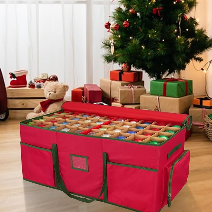 Christmas Ornament Storage Box -Up to 160 Holiday Ornaments with Adjustable Dividers & 6 Pockets Large Capacity Storage Container for Christmas Decorations Toys Gift Wrap Organizer