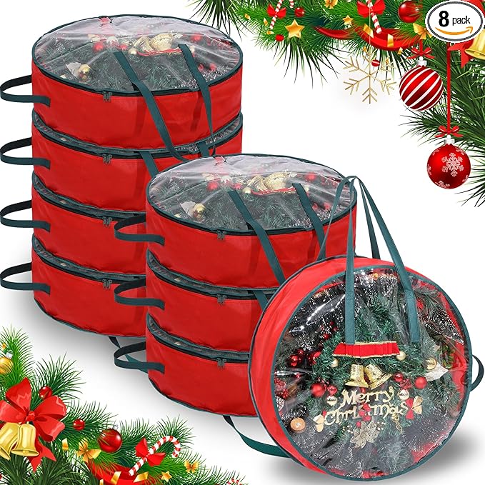 Shappy 8 Pcs Christmas Wreath Storage Bag Clear Wreath Box Wreath Storage Containers with Clear Window and Handle Christmas Garland Storage Containers for Xmas Holiday Seasonal Storage (30 Inch)