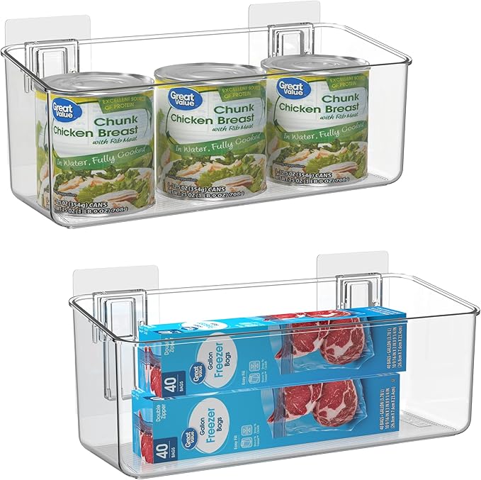 vacane 2 Pack Plastic Adhesive Mount Over Cabinet Door Organizer, Wall Organization Container Makeup Organizer Hanging Basket Bins for Kitchen, Pantry, Craft Room, Office, Space Saving Holder
