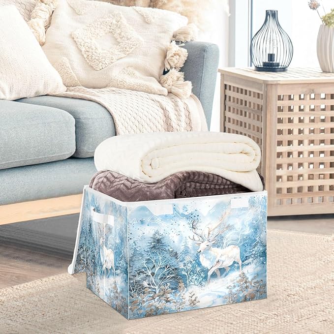 senya Winter Baskets Collapsible Storage Bins with Lids, Winter White Reindeer Snow Storage Boxes Clothes Baskets for Organizing