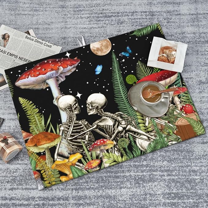 Red Mushroom Skull Dish Drying Mat 18x24 For Kitchen Counter Absorbent Microfiber Dishes Pad Dish Drainer Rack Mats Fast Dry Kitchen Accessories