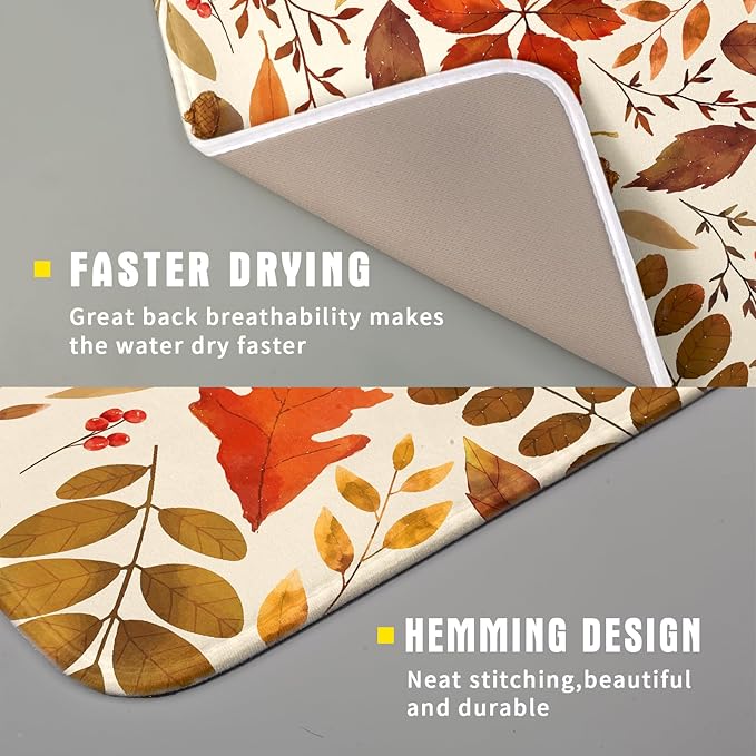 Fall Dish Drying Mat for Kitchen Counter 18x16 Inch Watercolor Autumn Maple Leaf Drying Mat with Absorbent Reversible Microfiber Dish Drainer Mats Rack Pad for Coffee Bar Countertop Protector