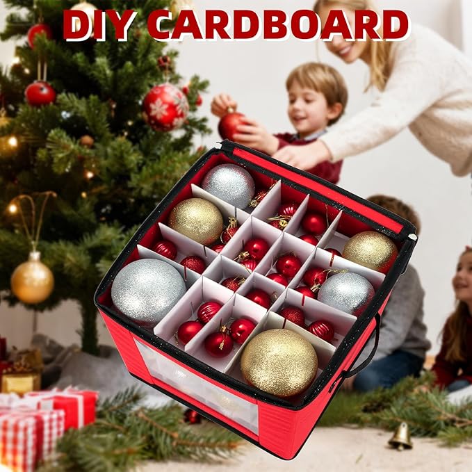 inin Christmas Ornament Storage Box with Adjustable Dividers,Christmas Ornaments Organizer with Zippered Top,Storage Container Bin for Holiday Decorations(64 Ball, Red, Without Tray)