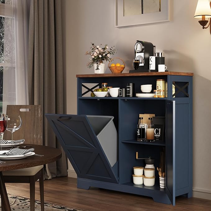 Tilt Out Trash Can Cabinet for 13 * 1 Gallon Trash Can, Farmhouse Kitchen Island Cabinet with Adjustable Shelf for Hidden Laundry Basket, Dog Proof Garbage Can for Dining Living Room, Blue