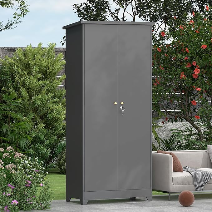 73''H Outdoor Storage Cabinet, Metal Garage Storage Cabinets with Doors and Shelves, Outdoor Broom Storage Cabinets, Waterproof Tool Shed for Patio Garden Backyard, Gray（15.4" D x 31.5" W ）