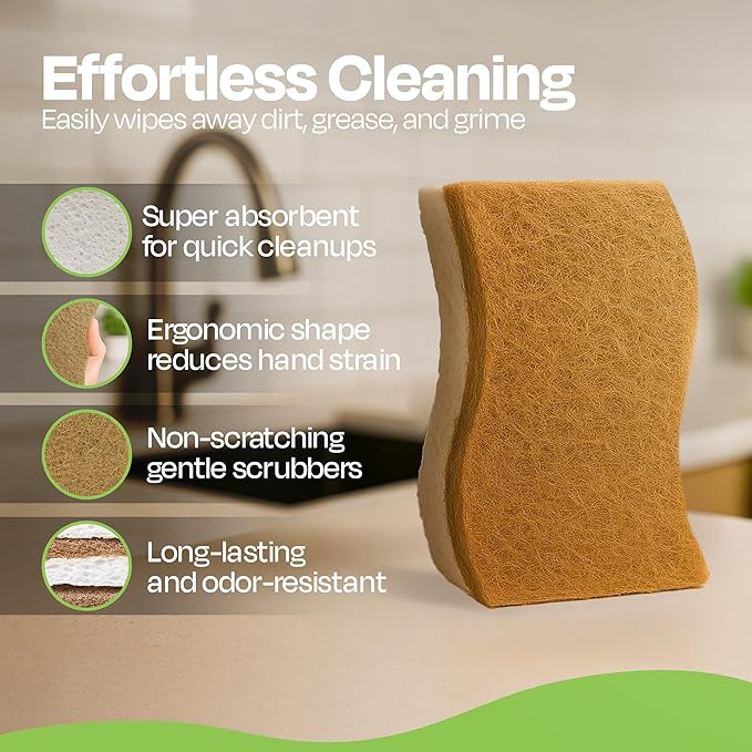 Super Eco Natural Kitchen Sponges Pack of 12 - Biodegradable Compostable Cellulose & Coconut Scrubber Sponge with Non-Scratch - Long Lasting, Eco Friendly Sponges for Dishes, Heavy Duty Dish Scrubber
