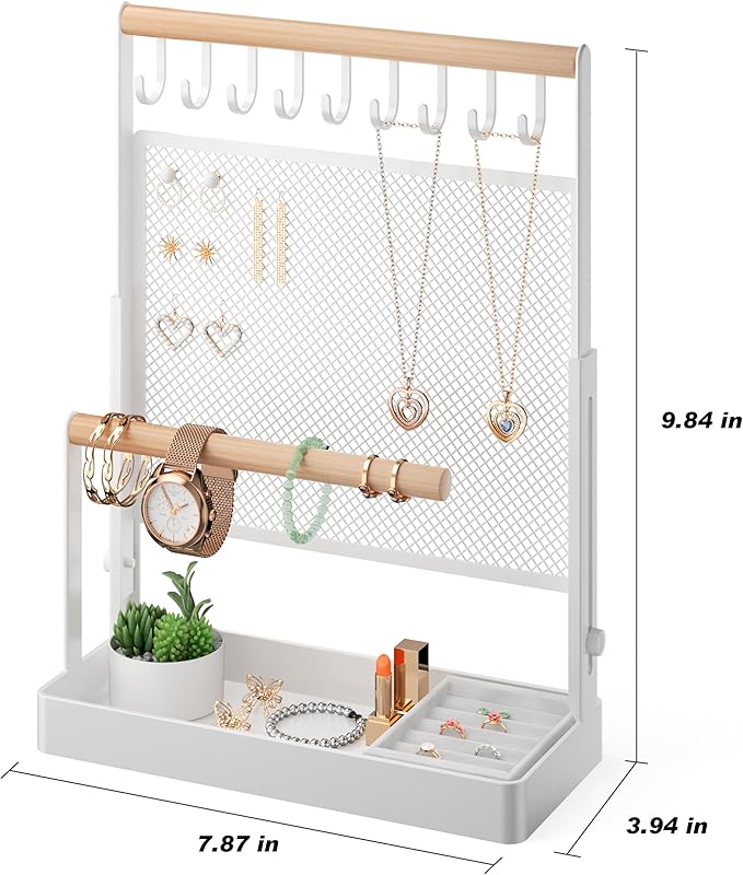 IOAIANIA Jewelry Organizer Stand with Velvet Ring Holder, Liftable Necklace Holder with Earring Organizer Net, 9 Hooks Necklaces Storage Wooden Handing Bar for Bracelets Watches Rings (White)