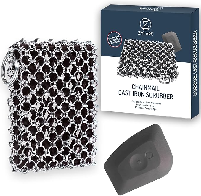 Zylark 316L Cast Iron Scrubber + Scraper Tool - Pan Cleaner Scrubber with Silicone Insert - Cast Iron Cleaning Kit - Chainmail Scrubber for Cookware
