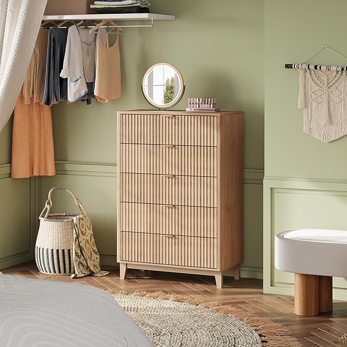 WLIVE Fluted Dresser for Bedroom with 5 Drawers, 46.26" Tall Wooden Dresser with Golden Metal Handles, Mid Century Modern Chest of Drawers for Living Room, Hallway, Closet, Natural Oak
