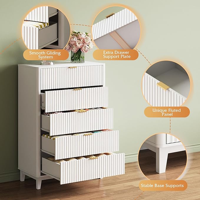 WLIVE Fluted Dresser for Bedroom with 5 Drawers, 46.26" Tall Wooden Dresser with Golden Metal Handles, Mid Century Modern Chest of Drawers for Living Room, Hallway, Closet, Solid White
