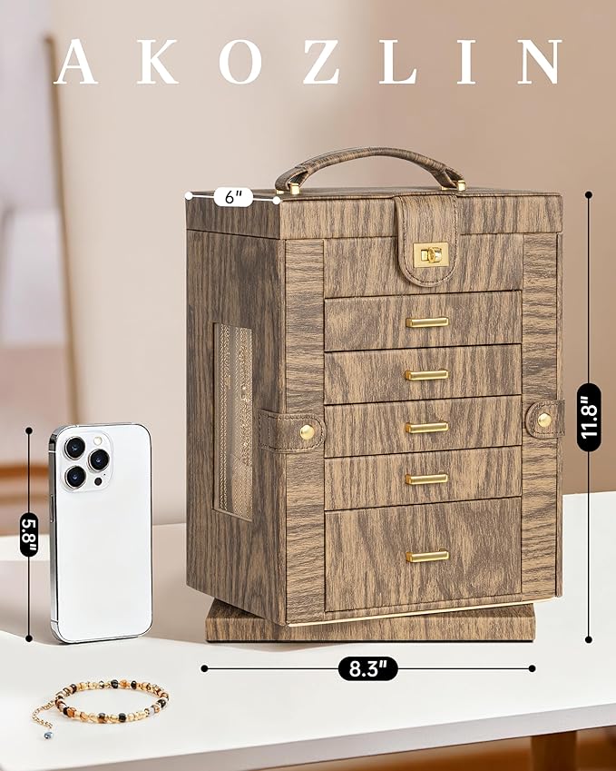 AKOZLIN 360° Rotating Jewelry Box 6-Tier Organizer Functional Jewelry Storage Case for Women Girls Ring Necklace Earring Bracelet Holder with Mirror Color Wood Grain