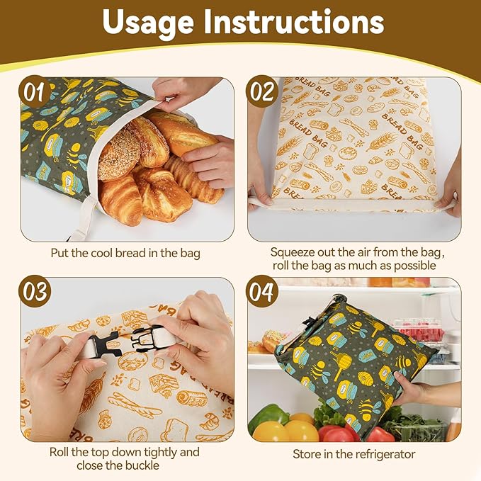 2 Pack Natural Beeswax Bread Bags for Sourdough Homemade Bread, Reusable Natural Organic Linen, Food Storage Cloth Bag, Large Capacity Portable, Freezer-Friendly, Freshness Preservation