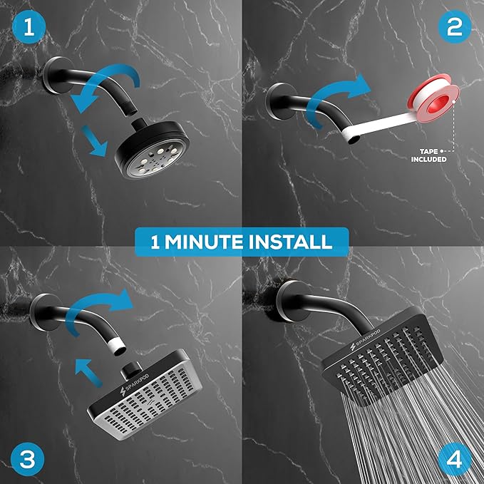 SparkPod Shower Head - High Pressure Rain - Premium Quality Luxury Design - 1-Min Install - Easy Clean Adjustable Replacement for Your Bathroom Shower Heads (Midnight Black Matte, 6 Inch Square)