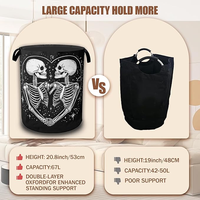 Halloween Funny Skeleton Laundry Basket,Waterproof Foldable Cute Skull Heart Laundry Hamper,Dirty Clothes Basket, Linen Bin Storage Organizer Collection 16" x 20.8"