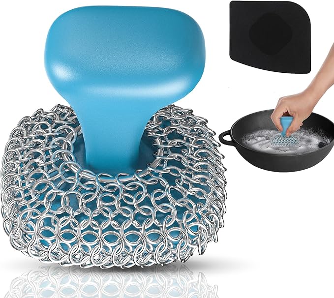 Purgreat Cast Iron Scrubber | Dish Scrub Brush | 316 Cast Iron Cleaner Chainmail Scrubber for Pan Skillet Cleaner - Dish Scouring Pad Dishwasher Safe Cleaning Kit, Blue