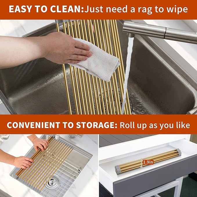 HAYAWEY Golden Roll-UP Dish Drying Rack-Large Stainless Steel Dish Drainer Over The Sink for Kitchen Countertop, Applicable for Sink Width Less Than 16.5in (Gold,17.8'x 15.7')