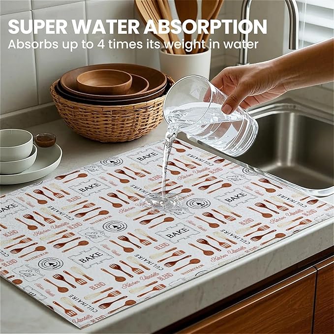 Dish Drying Mat For Kitchen Counter, Vintage Tableware Microfiber Absorbent Dish Drainer Rack Pad Reusable Large 18x24in Drying Mat
