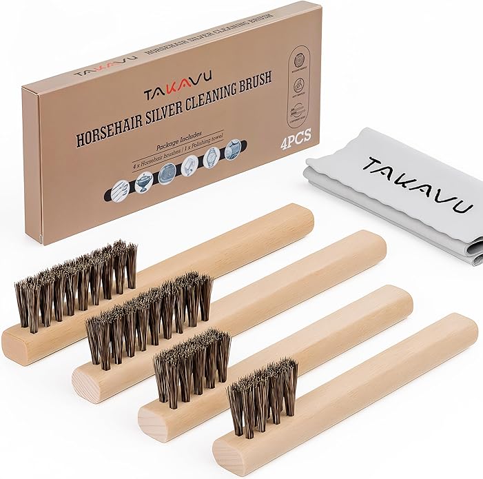 TAKAVU Horsehair Detail Brush Set, Silver Cleaning Brushes & Polish Cloth for Silverware Plateware Jewelry