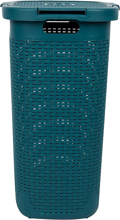 Mind Reader Slim Laundry Hamper with Lid, 60L Clothes Basket, Premium Wicker Design, Plastic, Blue
