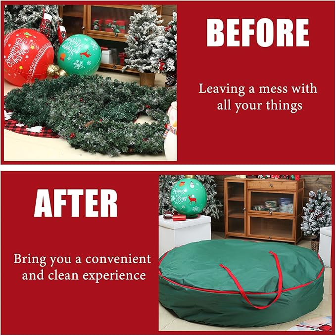 1 Pcs 60" Christmas Wreath Storage Bag Zippered Garland Holiday Container with Reinforced Handle Tear Resistant 600d Oxford Organizer Wreath Holder with Card (Green)