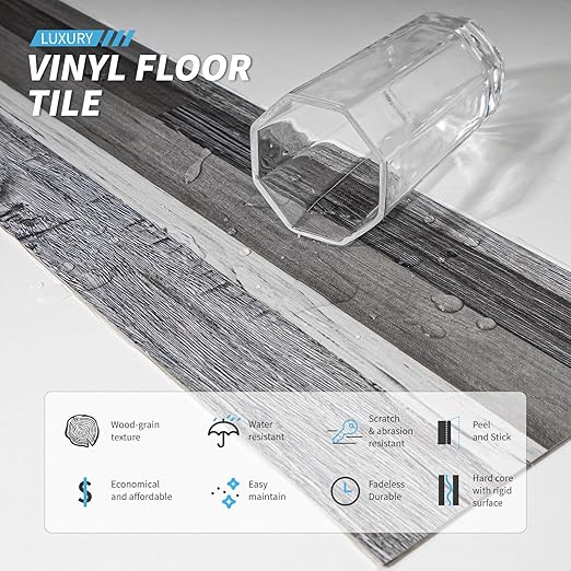 Art3d 36-Pack 54 Sq.ft Peel and Stick Floor Tiles Vinyl Plank Flooring Wood Look, Adhesive and Waterproof Tile Sticker for Bedroom, Living Room, Kitchen, RV in Grey