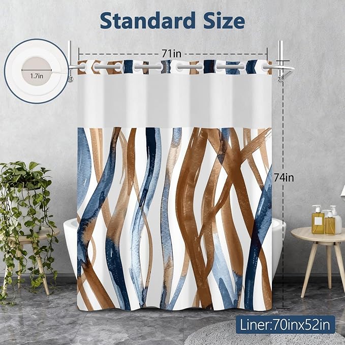Blue and Brown Striped Shower Curtain and Liner Set, Hotel Luxury Waterproof Double Layers Fabric No Hook Shower Curtain, Modern Abstract Geometric Bathroom Curtains with Top Sheer Window, 71x74 Inch