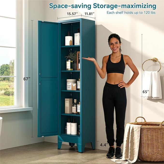 67" Tall Storage Cabinet with Reversible Doors and Adjustable Shelves,Metal Slim Freestanding Cabinets for Bathroom Kitchen Garage Small Spaces,Blue,5-Tier