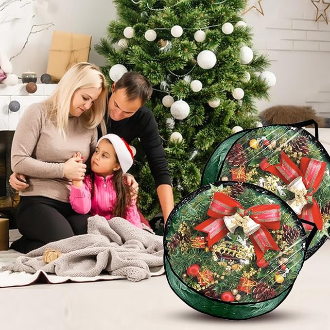6 Pack Wreath Storage Container Bag 30 Inch Christmas Wreath Storage Bag Heavy Duty Christmas Wreath Boxes with Clear Window for Xmas Holiday Seasonal Wreath Garland(Green)