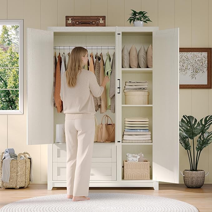 AMERLIFE Farmhouse 3 Door Wardrobe Closet with 2 Drawers & Hanging Rod, 47" Large Armoire Storage Cabinet with Adjustable Shelves, Freestanding Clothing Organizer for Bedroom, White