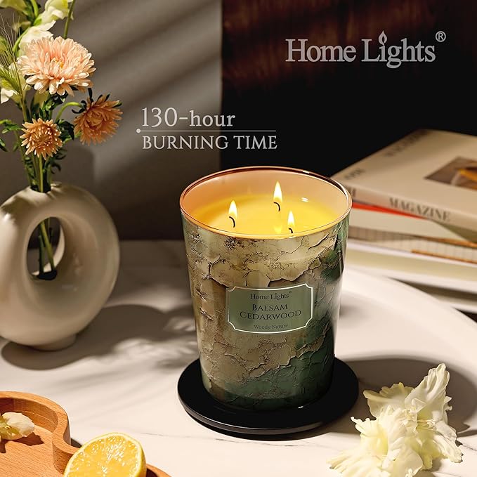 HomeLights Scented Candles | Large Jar 34 Oz Natural Soy Candle | 130 hrs Long-Lasting with 3 Wicks | Industrial Chic for Home Decor | Gifts for Mom & Women, Balsam Cedarwood