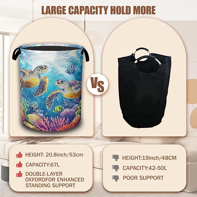 Sea Turtle Laundry Basket,Tropical Coral Fish Laundry Hamper Waterproof Oxford Cloth Tote Collapsible,Clothes Storage Bucket Decorative Toy Organizer For Bathroom Bedroom 16" x 20.8"