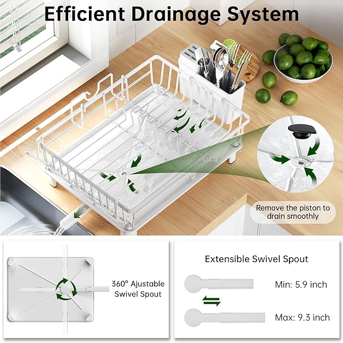 IMXSUMDA Dish Drying Rack, Dish Racks for Kitchen Counter, Detachable Dish Drainer with Drainboard, Utensil Holder, Cup Holder, Space Saving Kitchen Drying Rack for Small Home and Appartment, White