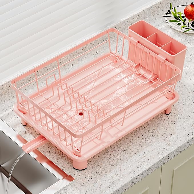 BULIJUJU Small Dish Drying Rack, Space Saving Dish Racks for Kitchen Counter, Kitchen Organizer Dish Drainer with Cutlery Holder for Spoons and Forks, 11''W x 15''L, Pink