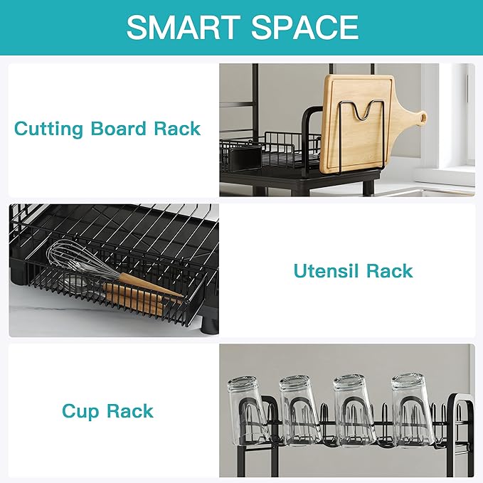 2 Tier Black Large Capacity Dish Drainers Drying Rack for Kitchen Counter, Metal Stainless Steel Rust Proof Plate Strainers Holder On Countertop with Drainboard Tray, Space Saving, Aesthetic Modern