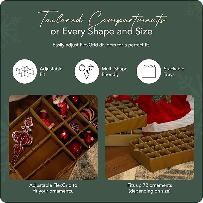 Covermates Keepsakes Adjustable Ornament Storage Bag – Heavy-Duty Polyester, Padded Dividers & FlexGrid Trays – Protective Holiday Ornament Organizer with Handles & Label Window, Green