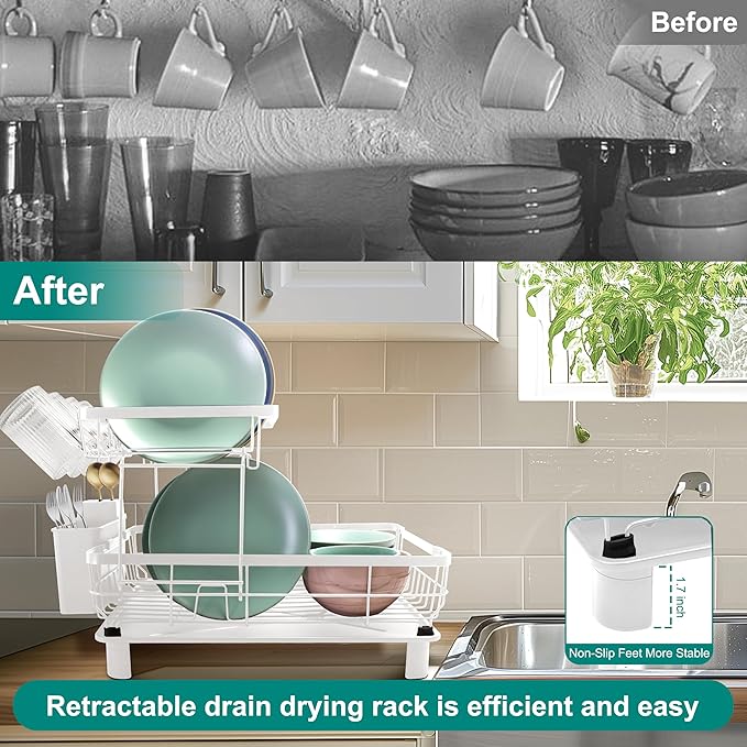 Goderewild 2-Tier Dish Drying Rack for Kitchen Counter,Space-Saving Dish Rack with Drainboard,Rustproof Countertop Dish Drainer with Utensil Holder for Sink,White