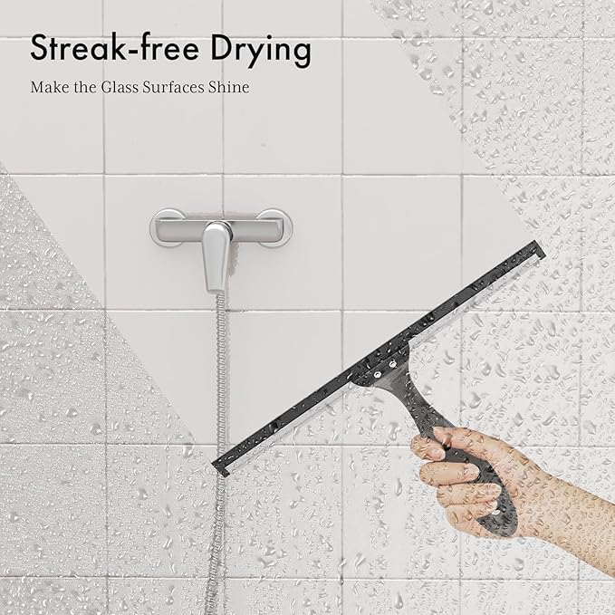 AmazerBath Shower Squeegee for Glass Doors, All-Purpose Squeegee with Suction Hook & Adhesive Hook, Squeegee for Shower Glass, Windows, Mirrors, Tiles and Car Windows - 10 Inches, Clear Black