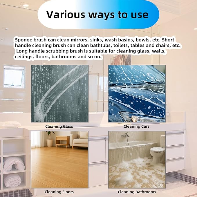 Tub Tile Scrubber Cleaning Brush, Sponge on a Stick for Cleaning Adjustable Long Handled Scrub Brush with 21.7'' Handle for Cleaning Shower Bathroom Vessel Sinks Toilet Wall Floor White