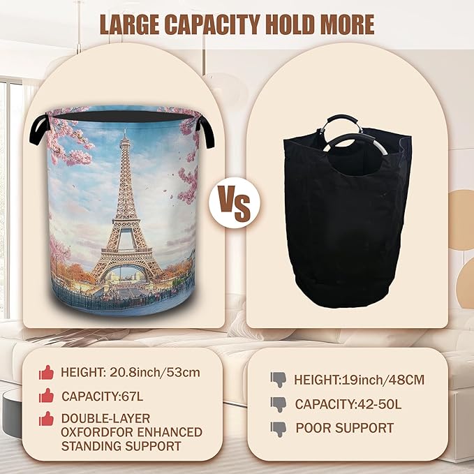 Eiffel Tower Laundry Basket,Cherry Blossom Laundry Hamper Waterproof Oxford Cloth Tote Collapsible,Clothes Storage Bucket Decorative Toy Organizer For Bathroom Bedroom 16" x 20.8"