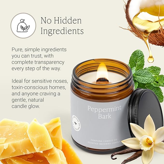 Fontana Candle Co Wood Wick Beeswax Jar Candles, Peppermint Bark - Made with Coconut Oil & Pure Essential Oils – Clean Burn, Long Lasting and Non-Toxic Candles for Home & Room Decor