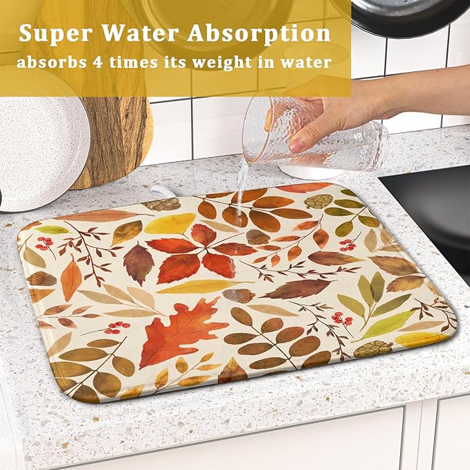 Fall Dish Drying Mat for Kitchen Counter 18x16 Inch Watercolor Autumn Maple Leaf Drying Mat with Absorbent Reversible Microfiber Dish Drainer Mats Rack Pad for Coffee Bar Countertop Protector