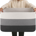 OIAHOMY Large Blanket Basket For Living Room, Rectangle Woven Baskets for Storage, Nursery Toy Storage With Handle-22”x17”x12”-Gradient Dark Grey