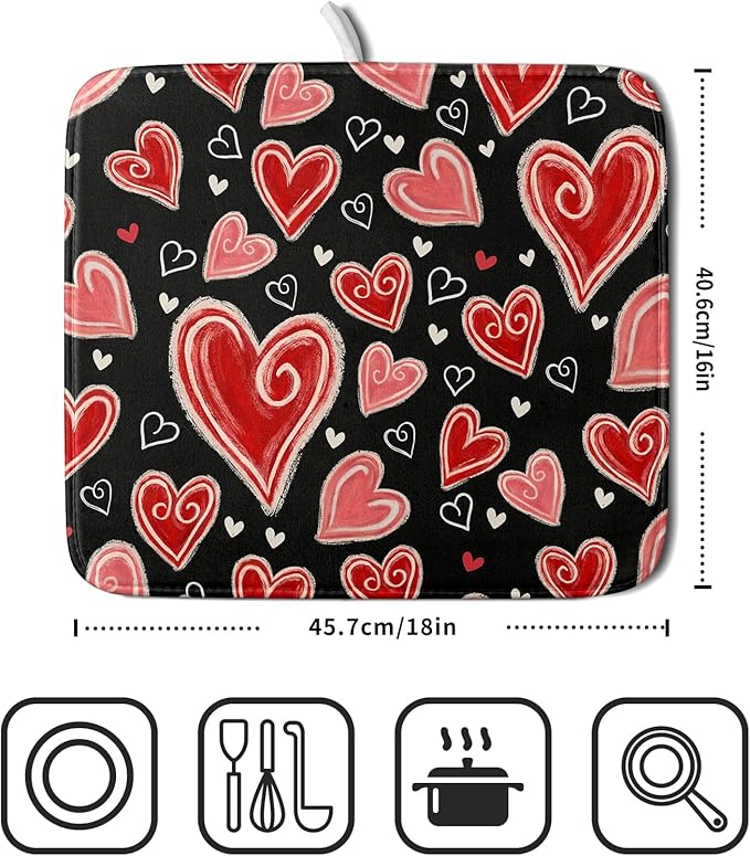 Valentines Day Dish Drying Mat for Kitchen Counter 18x16 Inch Black Red Heart Drying Mat with Absorbent Reversible Microfiber Love Dish Drainer Mats Rack Pad for Coffee Countertop Protector