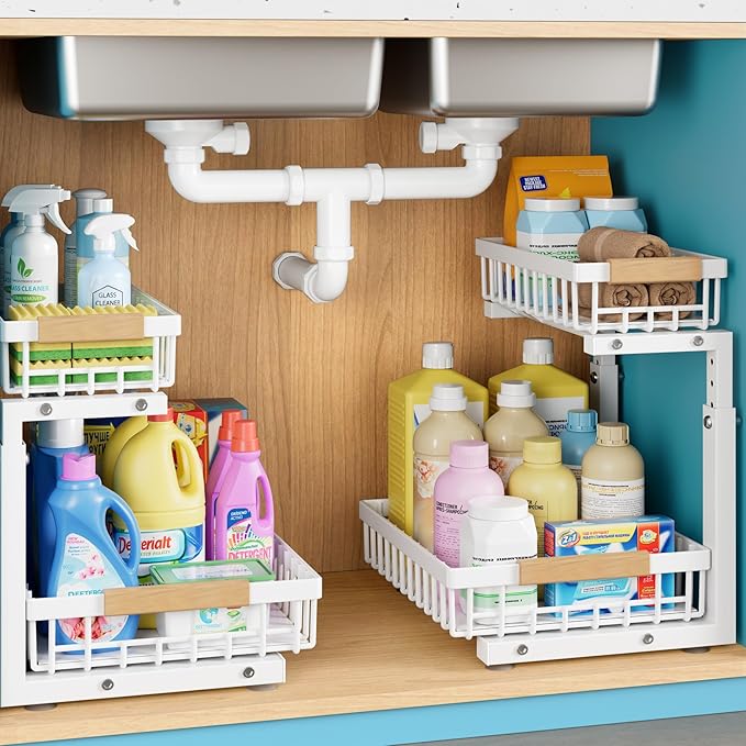 1 Packs Under Sink Organizer,Small Shelf for narrow spaces,2 Tiers Pull Out Under Cabinet Organizer,Adjustable Height,Slide Out Thickened Metal Under White