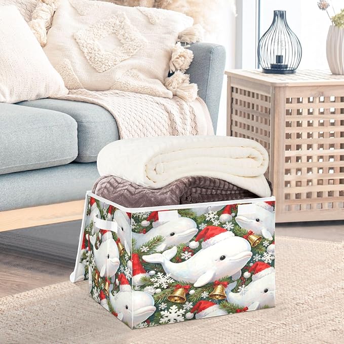 Christmas Dolphin Pattern Storage Bins with Lids Foldable Storage Basket with Handles Collapsible Large Fabric Organizer Containers for Clothes Shelves Closet Office Home