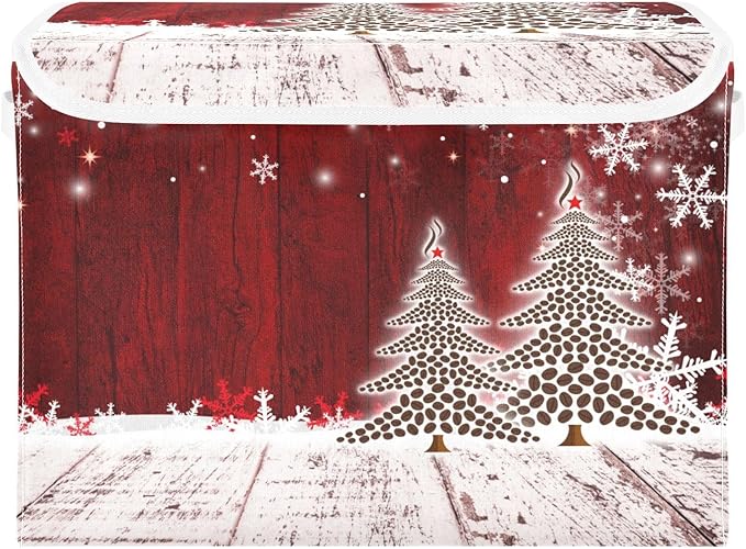 senya Christmas Storage Baskets Collapsible Bins with Lids, Christmas Coffee Tree Red Wooden Storage Boxes Clothes Baskets for Organizing