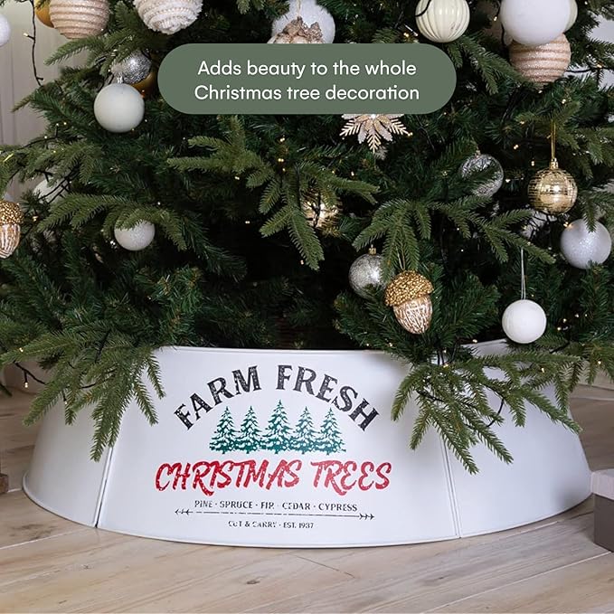Hallops Oversized Galvanized Christmas Tree Collar - Adjustable Metal Christmas Tree Base Cover for Medium and Large Trees - 36 Inch Diameter Base for Contemporary and Rustic Holiday Decor (White)