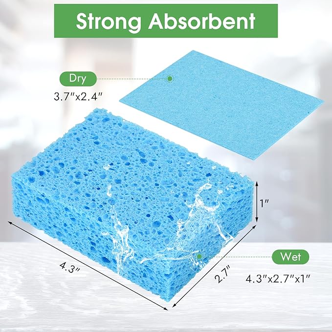 MOWPOG 12 PCS Dish Sponges Kitchen, Non Scratch Cleaning Sponge for Non Stick Cookware, Natural Compressed Cellulose Wash Scrub for Household Bathroom, Soft Washing Scrubbers (Blue)
